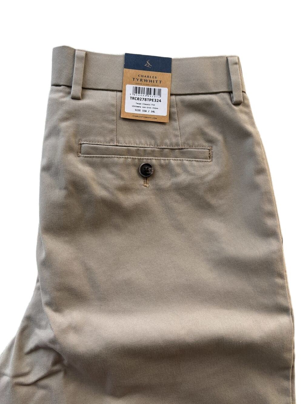 Charles Tyrwhitt Ultimate Non-Iron Chino Pants Mens 32W 34L Taupe Classic Fit NW